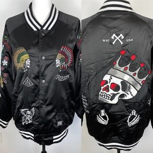 Reason Embroidered Skull Varsity Bomber Jacket In Black Size XL